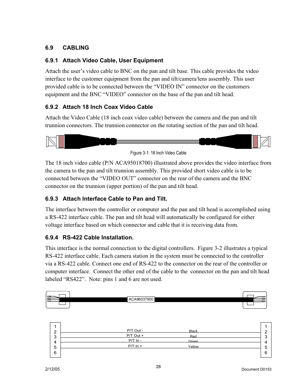 9 cabling, 1attach video cable, user equipment, 2attach 18 inch coax video cable | 3attach interface cable to pan and tilt, 4rs-422 cable installation, Abling, Attach video cable, user equipment, Attach 18 inch coax video cable, Attach interface cable to pan and tilt, Rs-422 cable installation | JVC DPT 115 User Manual | Page 28 / 37