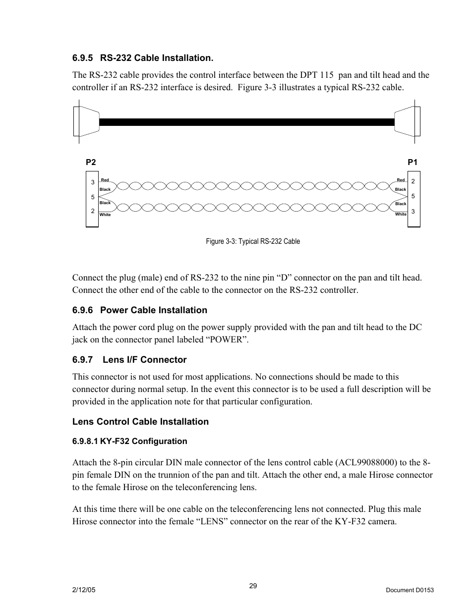 5rs-232 cable installation, 6power cable installation, 7 lens i/f connector | Lens control cable installation, 1ky-f32 configuration, Rs-232 cable installation, Power cable installation, Lens i/f connector, Ky-f32 configuration | JVC DPT 115 User Manual | Page 29 / 37