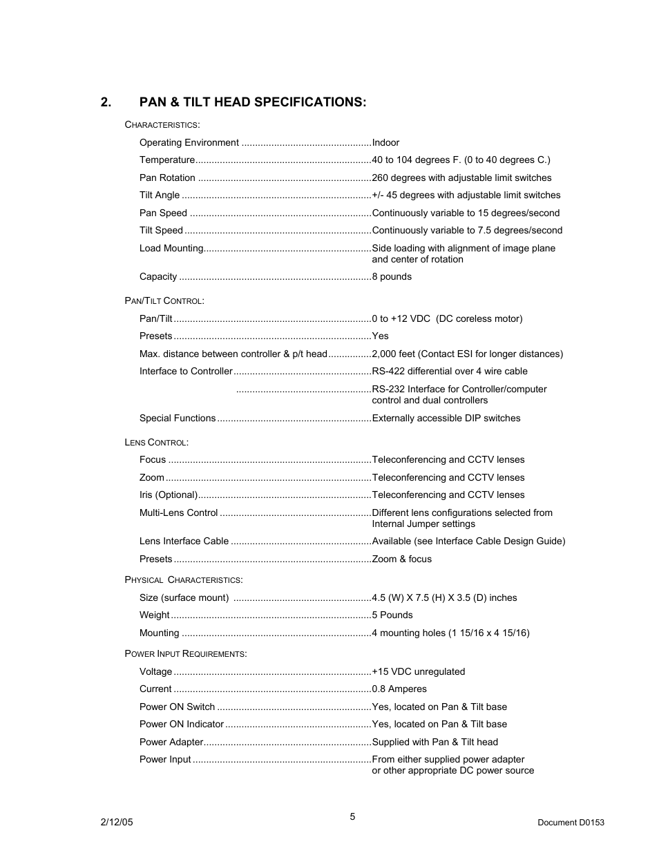 Pan & tilt head specifications | JVC DPT 115 User Manual | Page 5 / 37