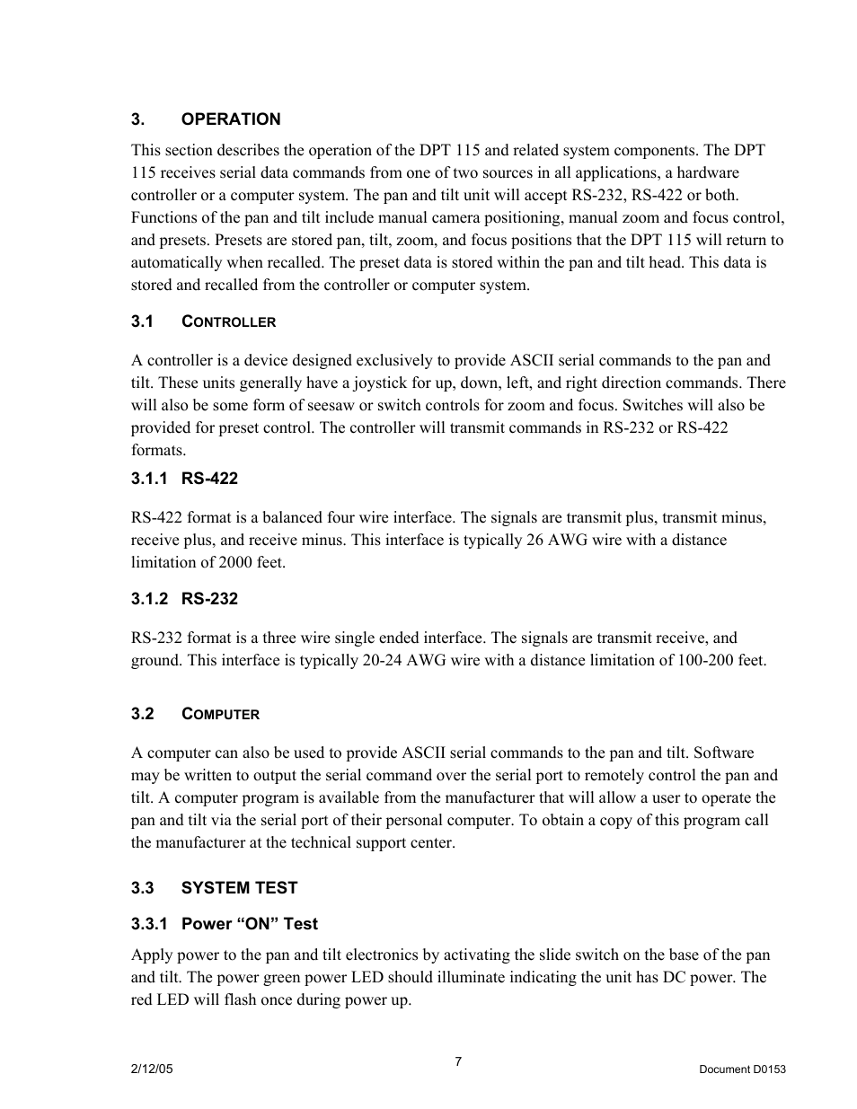 Operation, 1controller, 1rs-422 | 2rs-232, 2computer, 3system test, 1power “on” test, Ontroller, Rs-422, Rs-232 | JVC DPT 115 User Manual | Page 7 / 37