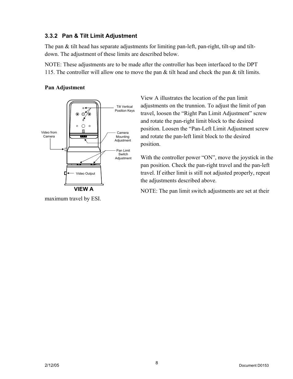 2pan & tilt limit adjustment, Pan & tilt limit adjustment, View a | JVC DPT 115 User Manual | Page 8 / 37