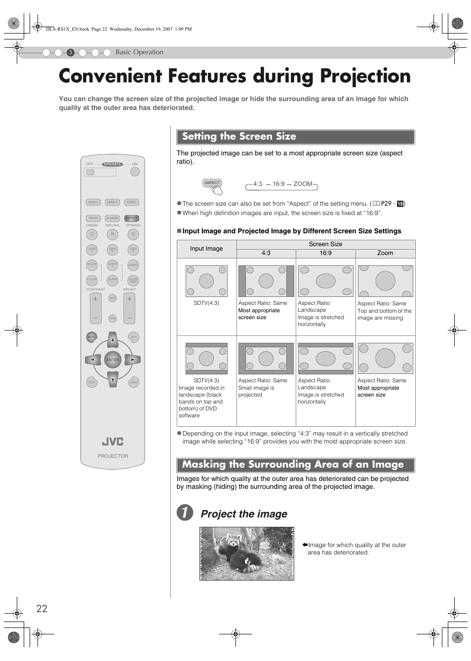 Convenient features during projection, Setting the screen size, Masking the surrounding area of an image | Project the image | JVC DLA-RS1X User Manual | Page 22 / 51