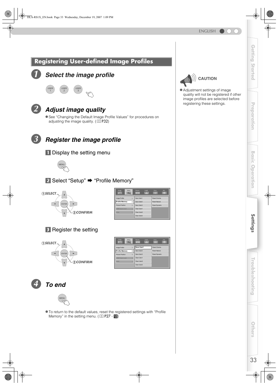 Registering user-defined image profiles, Select the image profile, Adjust image quality | Register the image profile | JVC DLA-RS1X User Manual | Page 33 / 51