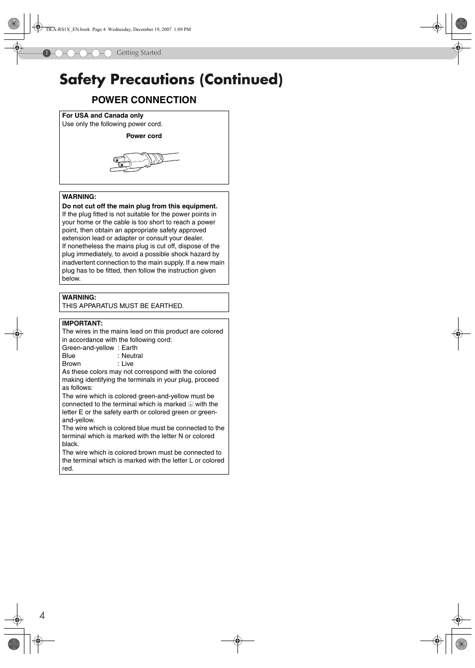 Safety precautions (continued), Power connection | JVC DLA-RS1X User Manual | Page 4 / 51