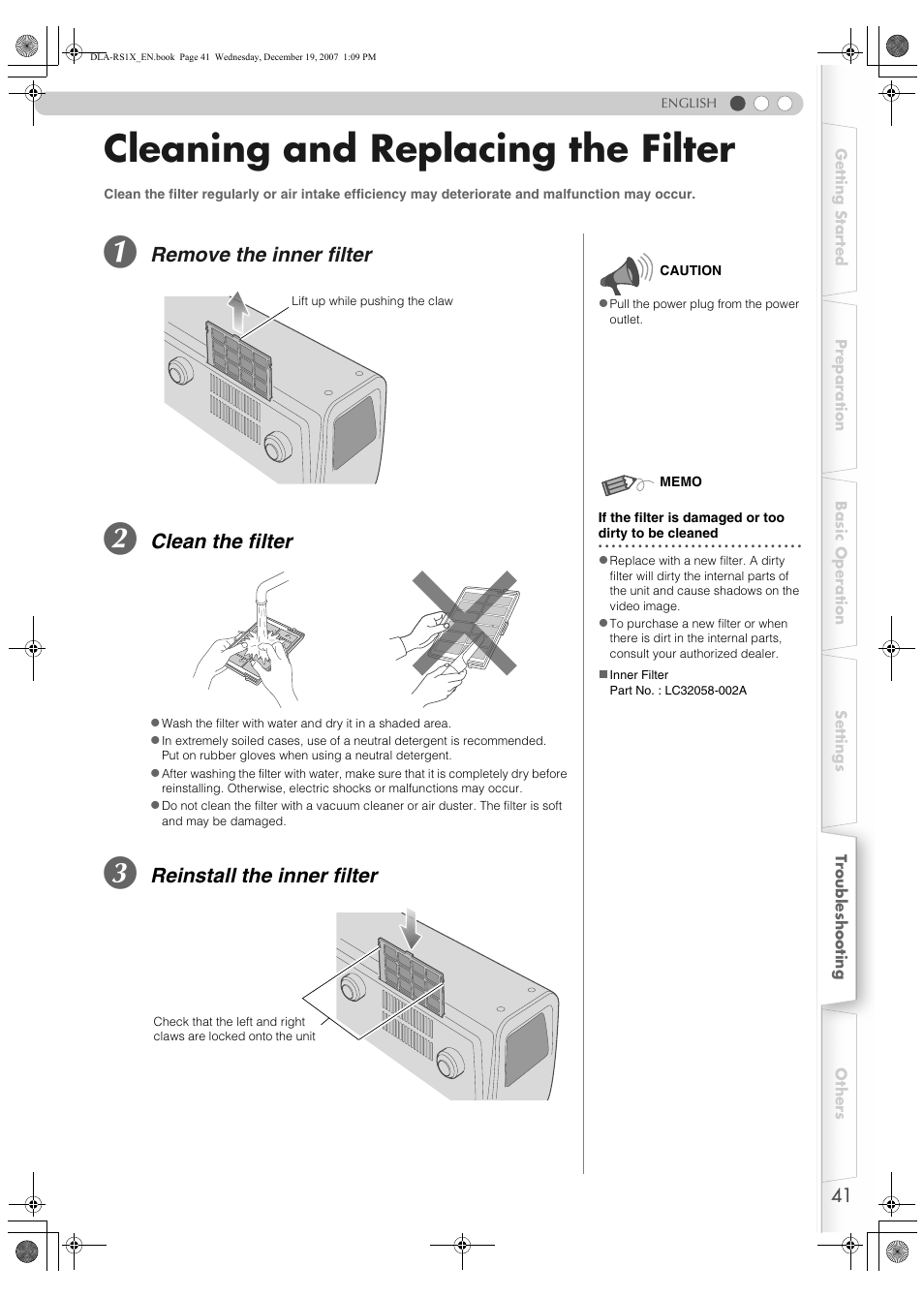 Cleaning and replacing the filter, Remove the inner filter, Clean the filter | Reinstall the inner filter | JVC DLA-RS1X User Manual | Page 41 / 51