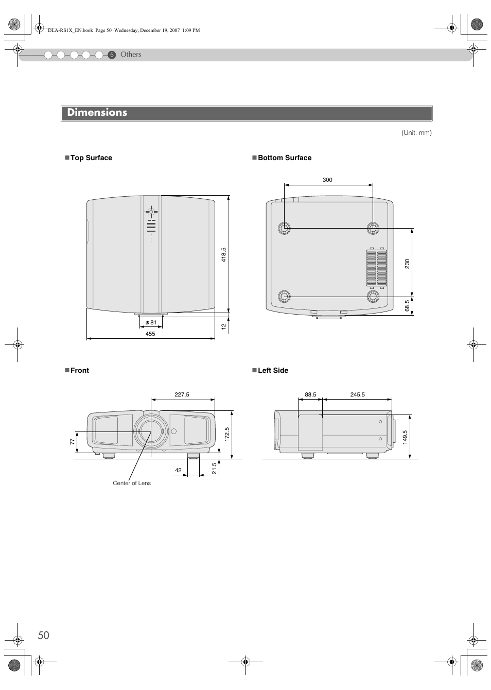 Dimensions | JVC DLA-RS1X User Manual | Page 50 / 51