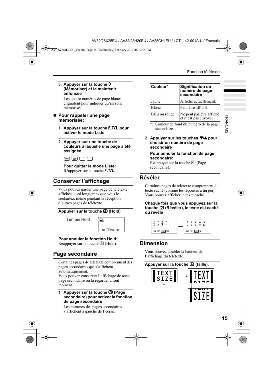 Conserver l’affichage, Page secondaire, Révéler | Dimension | JVC AV28CH1EU User Manual | Page 109 / 327