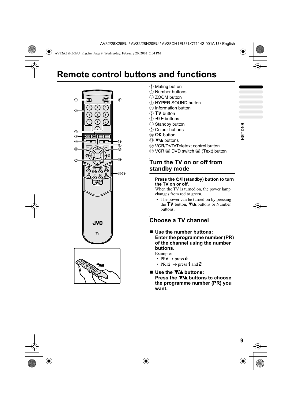 Remote control buttons and functions, Turn the tv on or off from standby mode, Choose a tv channel | JVC AV28CH1EU User Manual | Page 11 / 327
