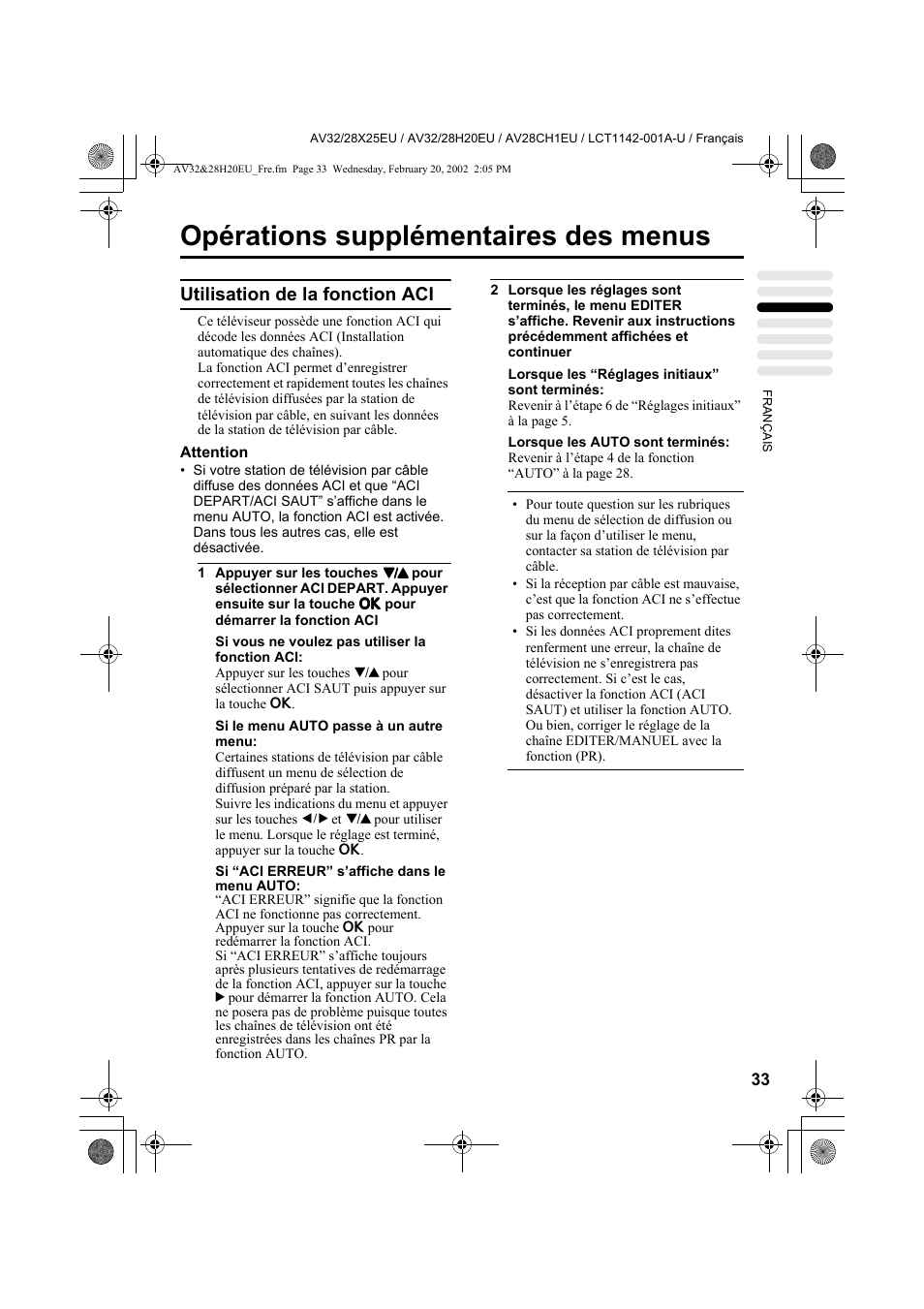 Opérations supplémentaires des menus, Utilisation de la fonction aci | JVC AV28CH1EU User Manual | Page 127 / 327