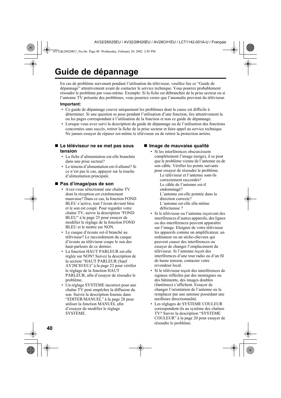 Guide de dépannage | JVC AV28CH1EU User Manual | Page 134 / 327