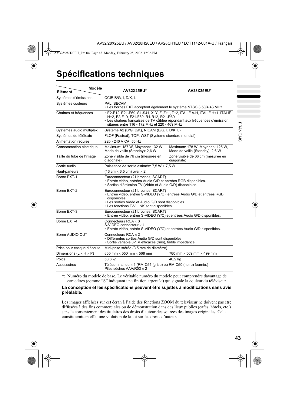 Spécifications techniques | JVC AV28CH1EU User Manual | Page 137 / 327