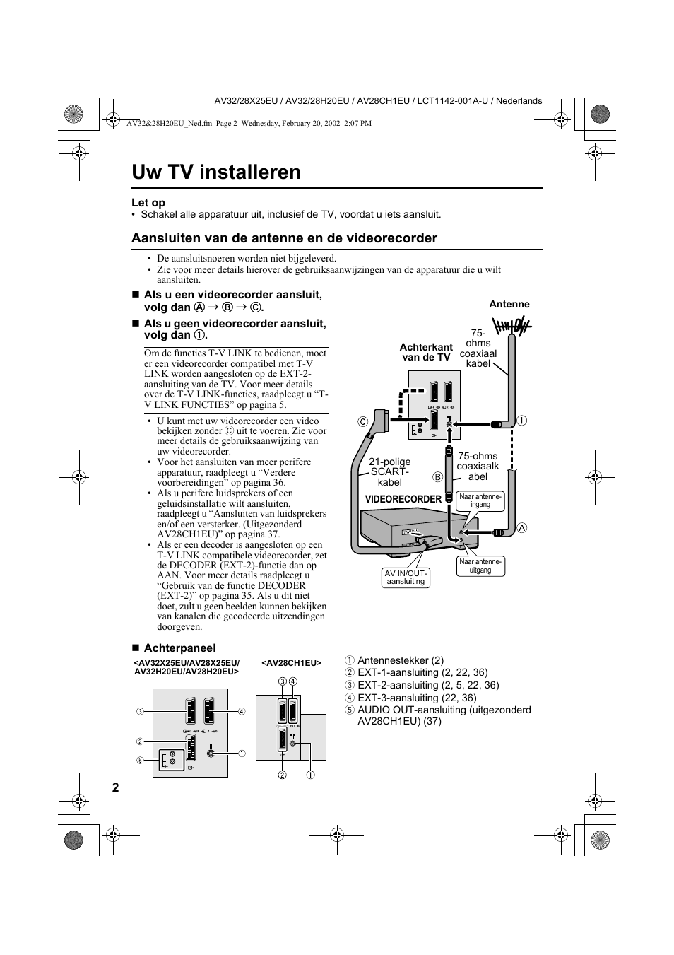 Uw tv installeren, Aansluiten van de antenne en de videorecorder | JVC AV28CH1EU User Manual | Page 142 / 327