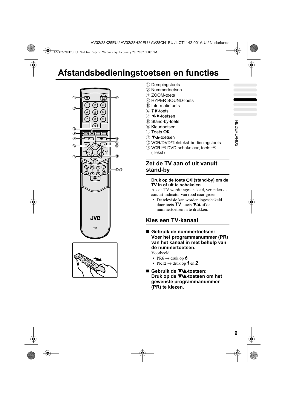 Afstandsbedieningstoetsen en functies, Zet de tv aan of uit vanuit stand-by, Kies een tv-kanaal | JVC AV28CH1EU User Manual | Page 149 / 327