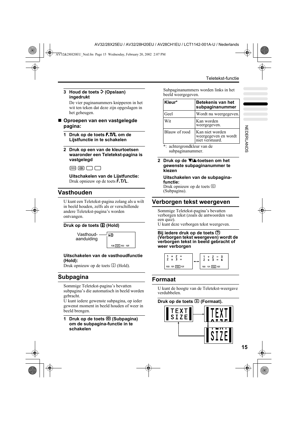 Vasthouden, Subpagina, Verborgen tekst weergeven | Formaat | JVC AV28CH1EU User Manual | Page 155 / 327