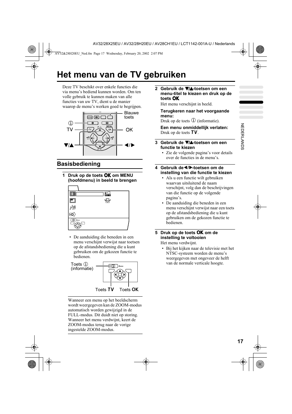 Het menu van de tv gebruiken, Basisbediening | JVC AV28CH1EU User Manual | Page 157 / 327