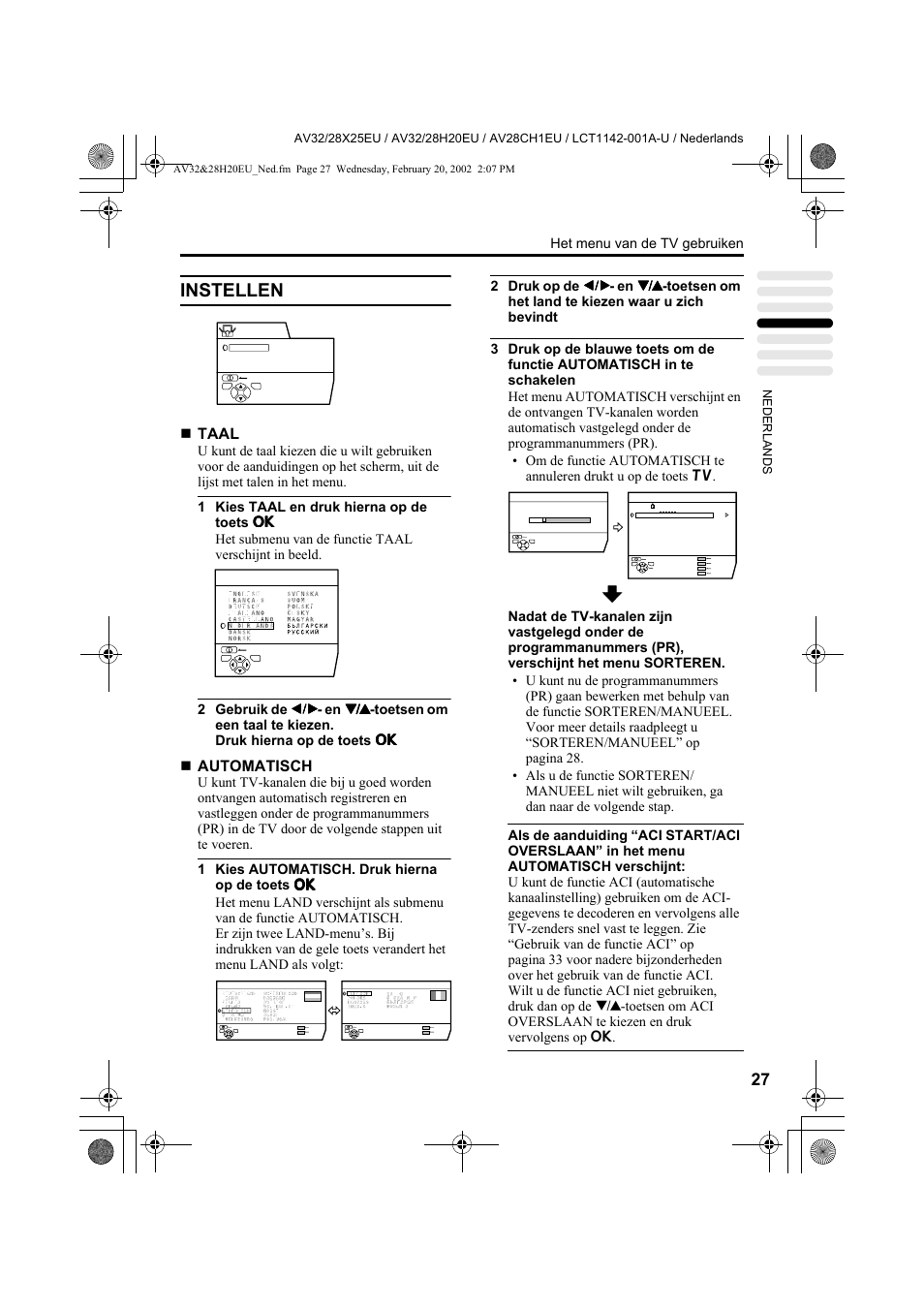 Instellen, Taal, Automatisch | Het menu van de tv gebruiken | JVC AV28CH1EU User Manual | Page 167 / 327