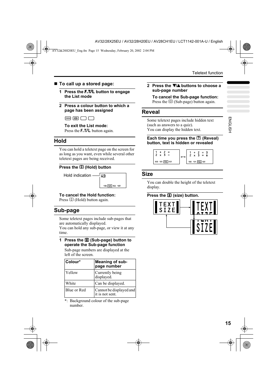 Hold, Sub-page, Reveal | Size | JVC AV28CH1EU User Manual | Page 17 / 327