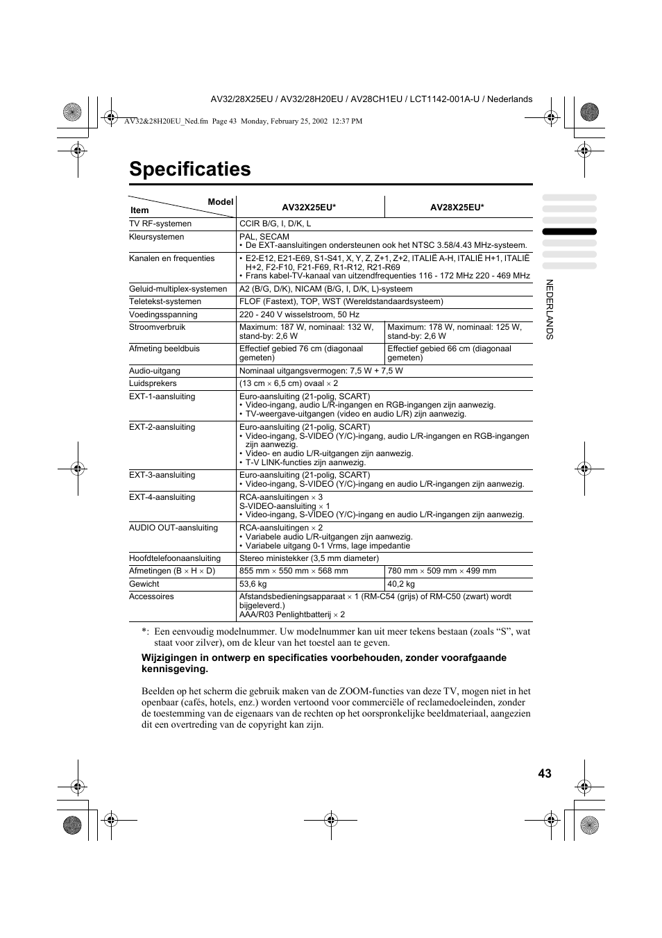 Specificaties | JVC AV28CH1EU User Manual | Page 183 / 327