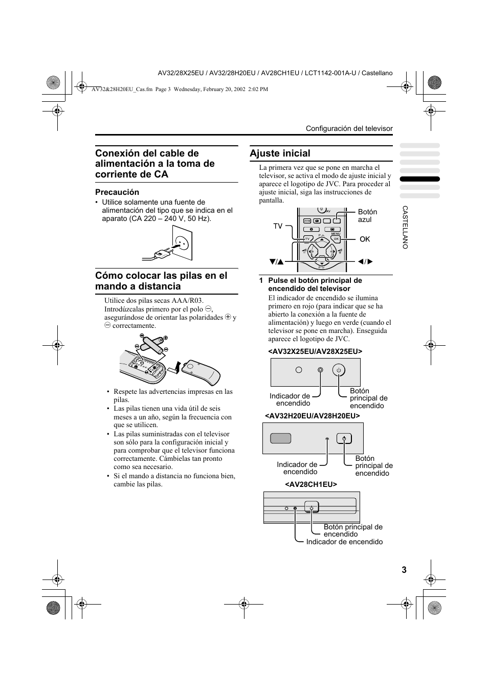 Cómo colocar las pilas en el mando a distancia, Ajuste inicial | JVC AV28CH1EU User Manual | Page 189 / 327