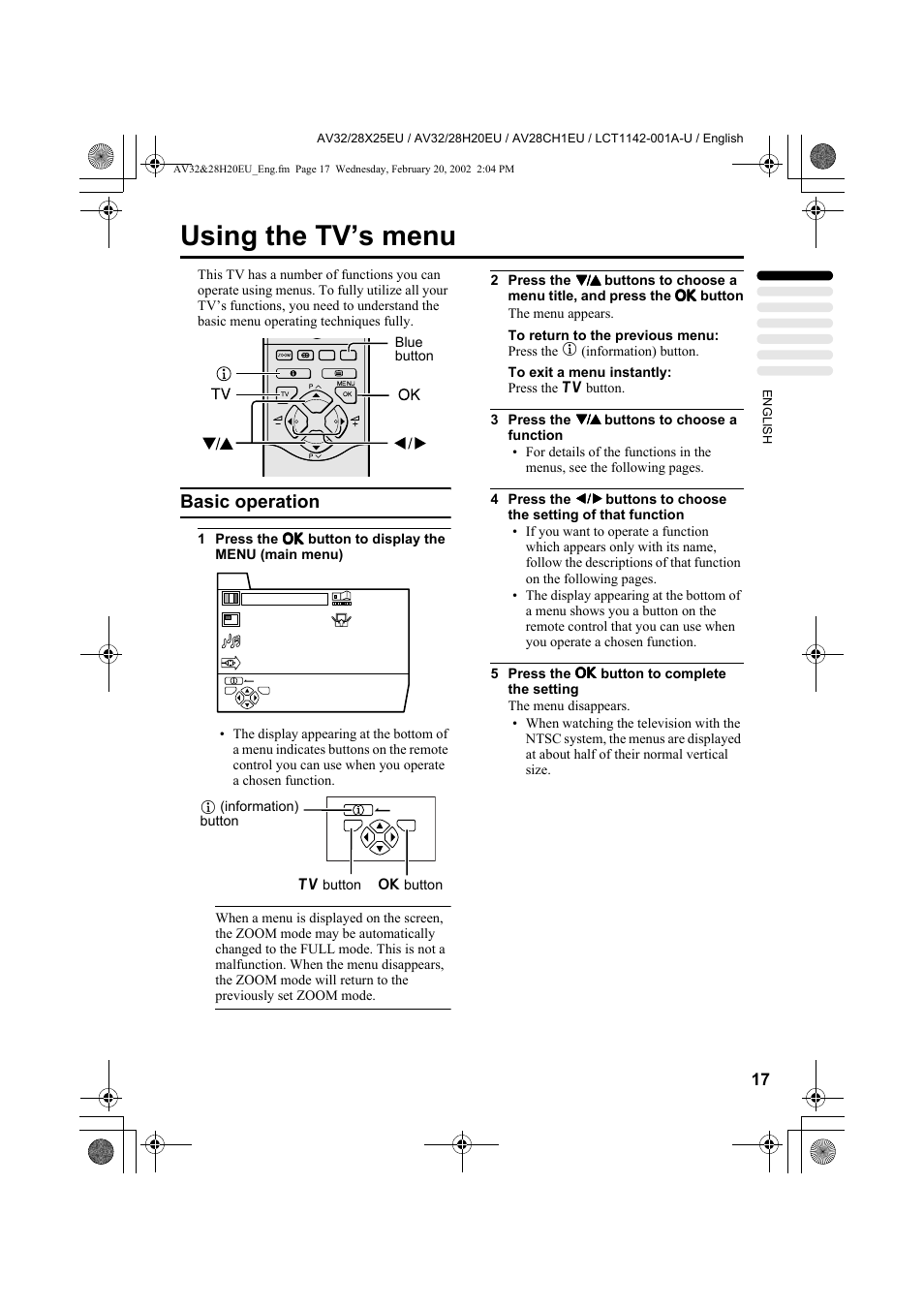 Using the tv’s menu, Basic operation | JVC AV28CH1EU User Manual | Page 19 / 327