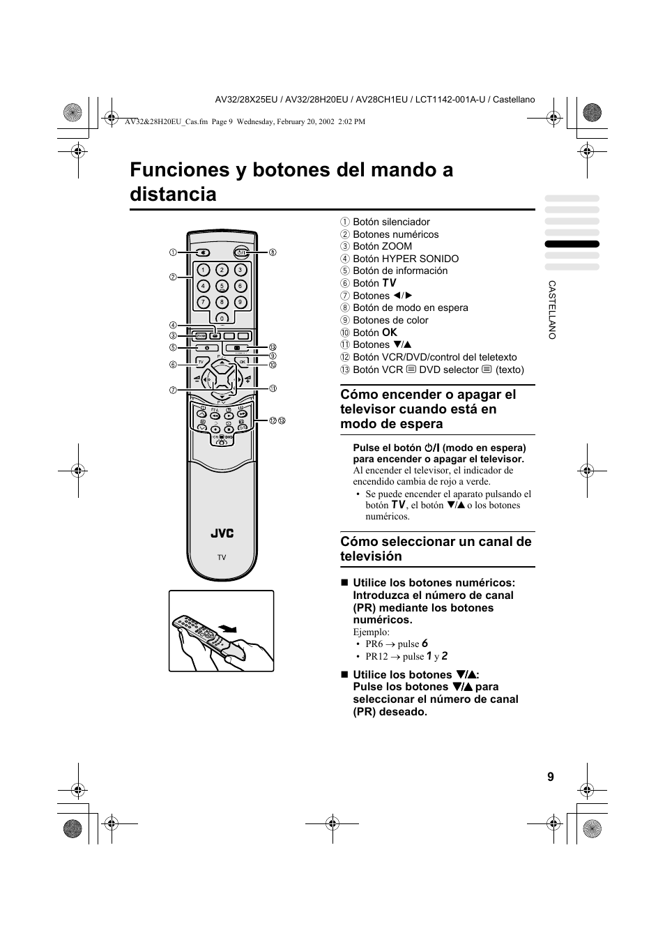 Funciones y botones del mando a distancia, Cómo seleccionar un canal de televisión | JVC AV28CH1EU User Manual | Page 195 / 327