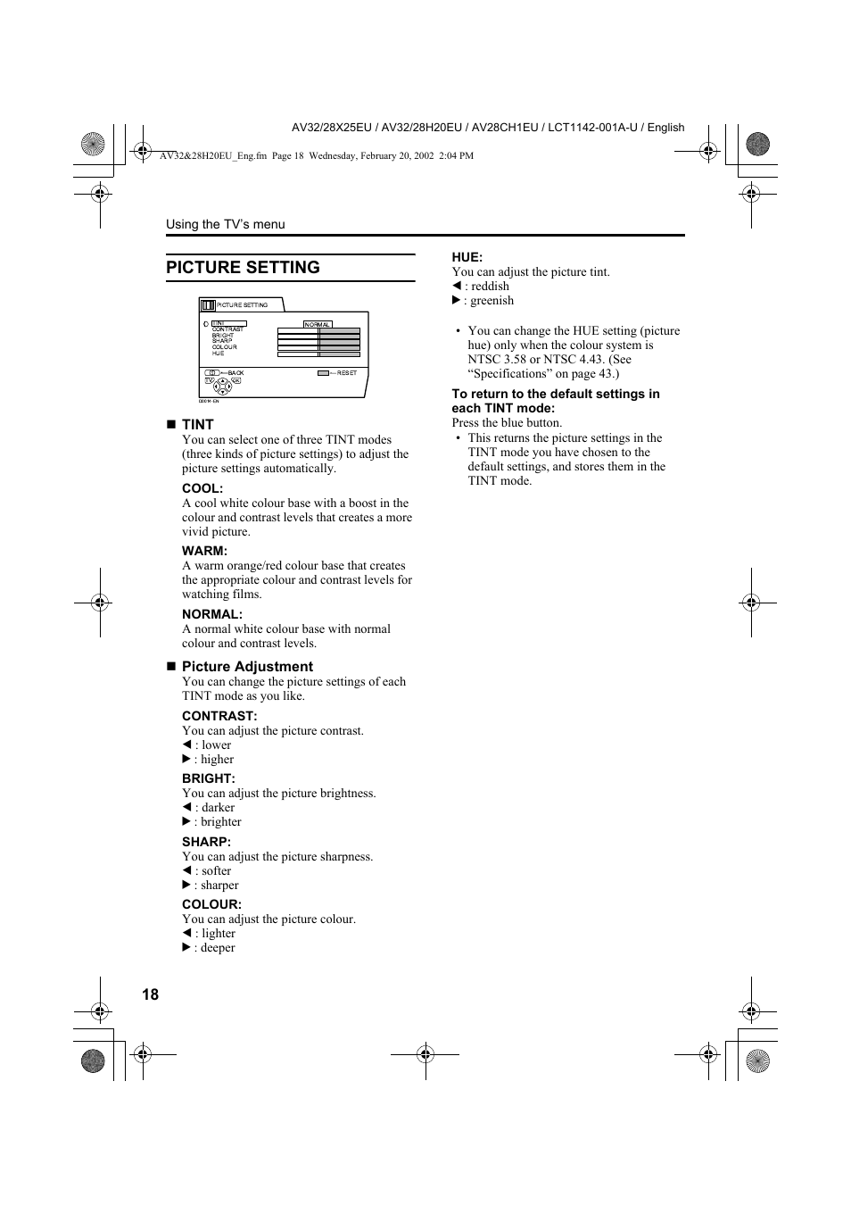 Picture setting | JVC AV28CH1EU User Manual | Page 20 / 327