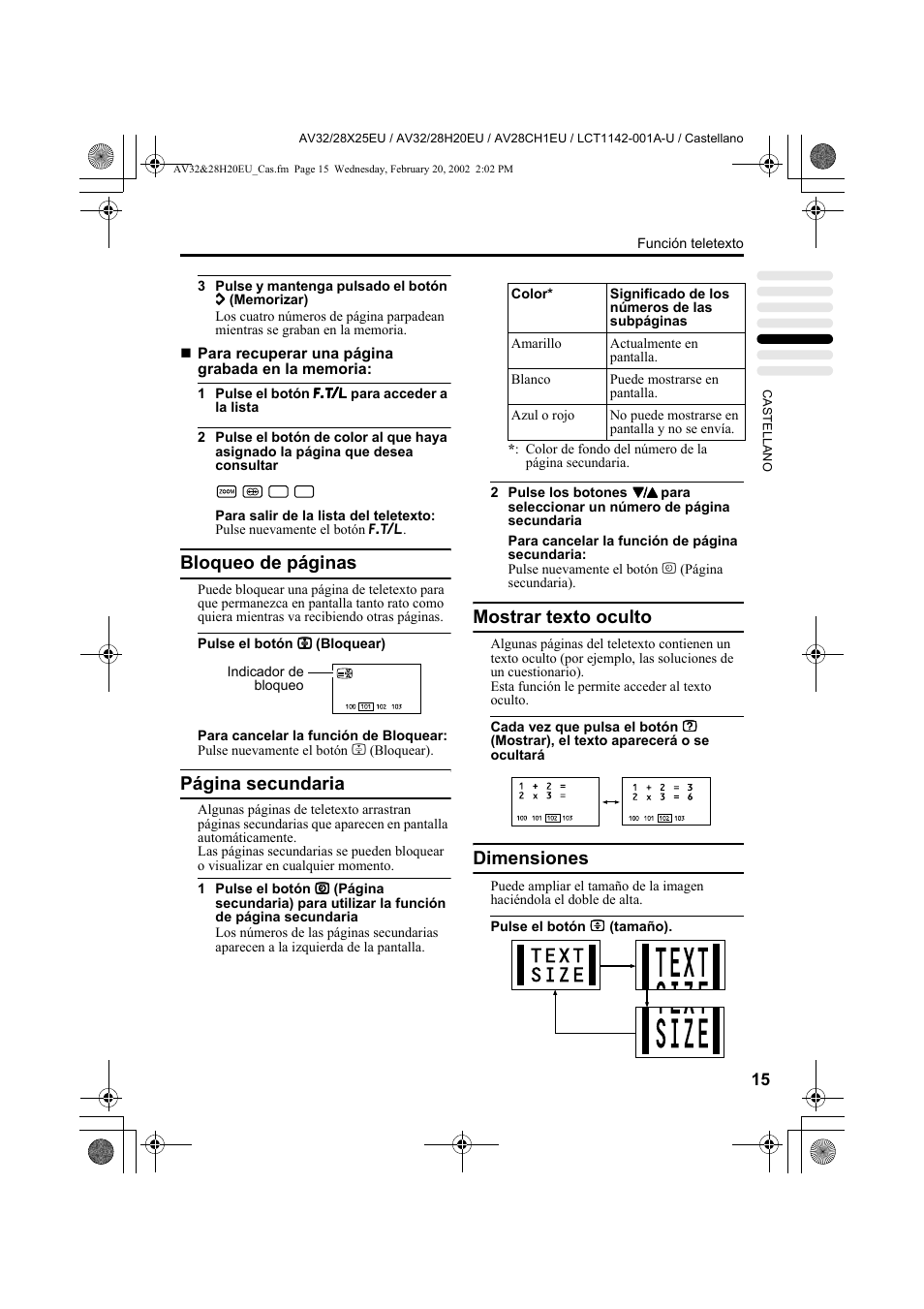 Bloqueo de páginas, Página secundaria, Mostrar texto oculto | Dimensiones | JVC AV28CH1EU User Manual | Page 201 / 327