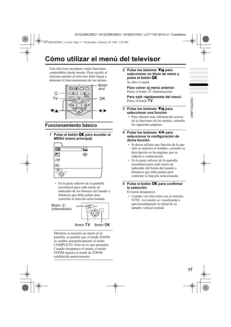 Cómo utilizar el menú del televisor, Funcionamiento básico | JVC AV28CH1EU User Manual | Page 203 / 327