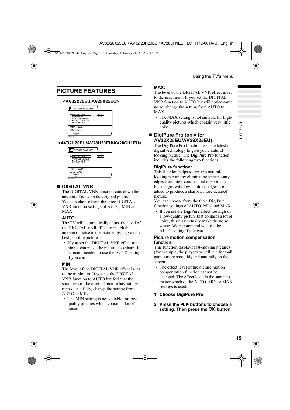 Picture features, Digital vnr | JVC AV28CH1EU User Manual | Page 21 / 327