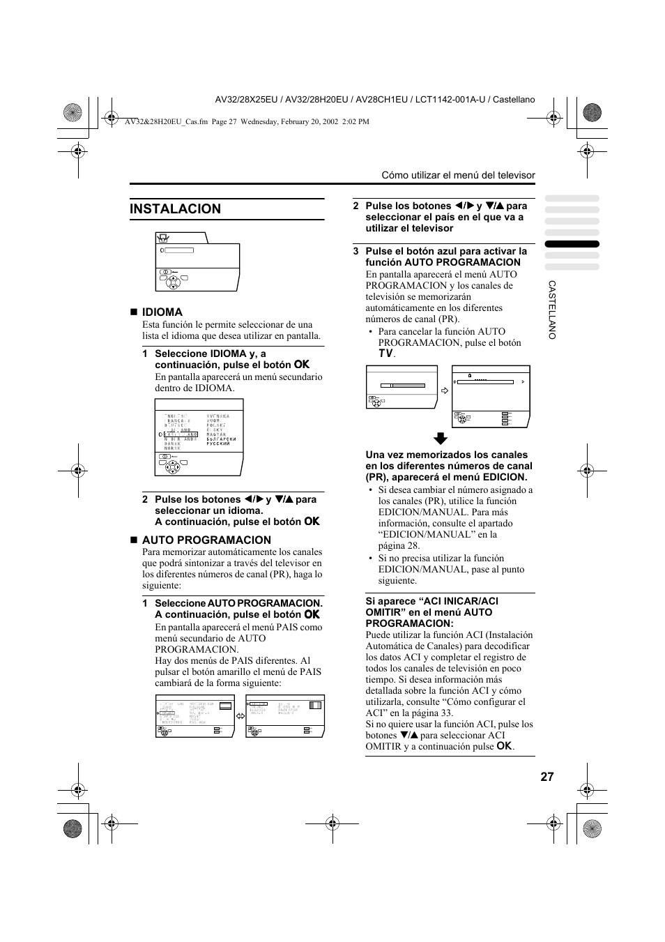 Instalacion, Idioma, Auto programacion | Cómo utilizar el menú del televisor | JVC AV28CH1EU User Manual | Page 213 / 327