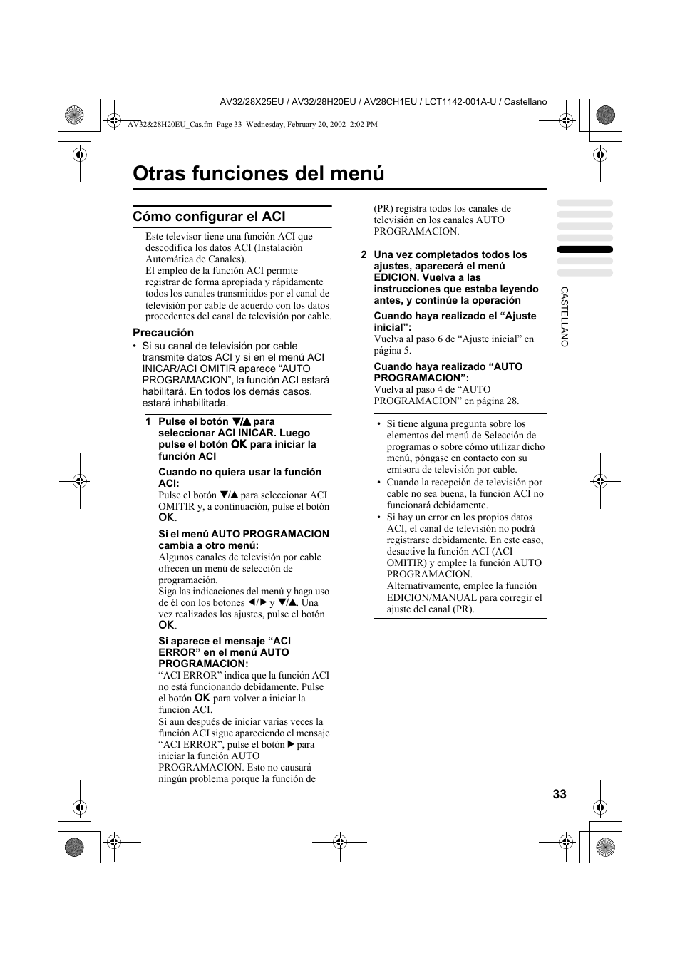 Otras funciones del menú, Cómo configurar el aci | JVC AV28CH1EU User Manual | Page 219 / 327