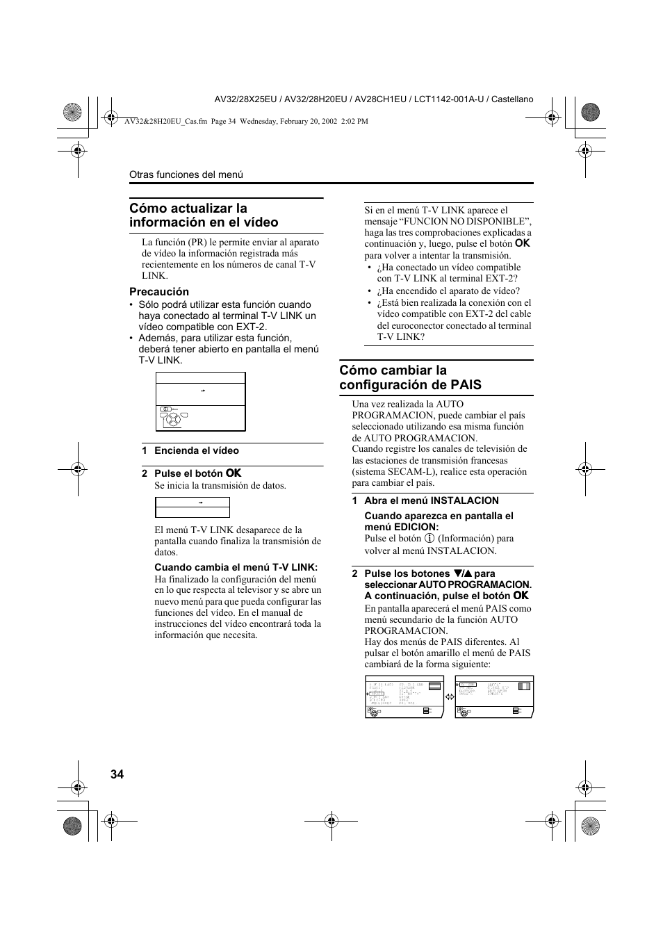 Cómo actualizar la información en el vídeo, Cómo cambiar la configuración de pais, Precaución | JVC AV28CH1EU User Manual | Page 220 / 327