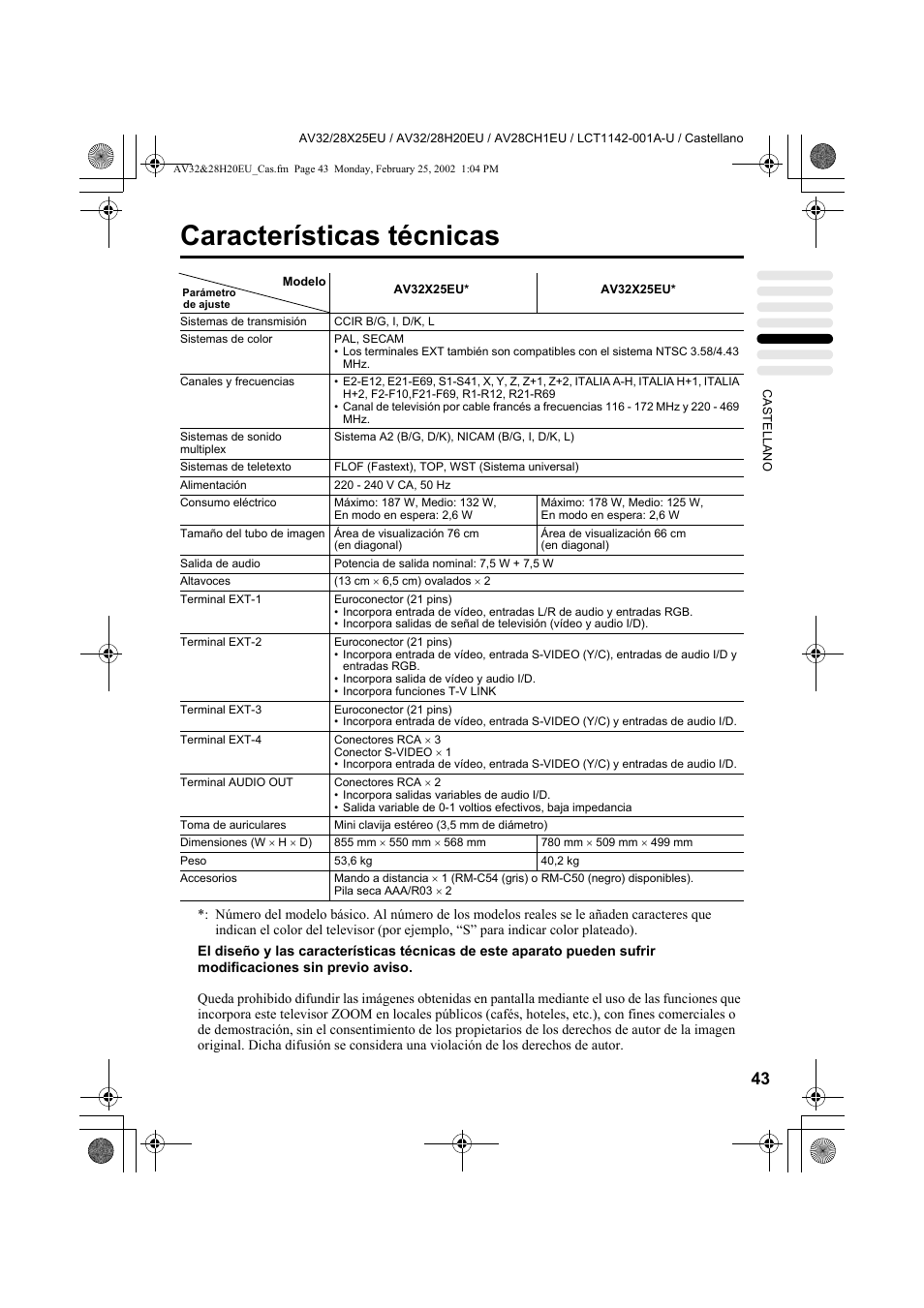 Características técnicas | JVC AV28CH1EU User Manual | Page 229 / 327