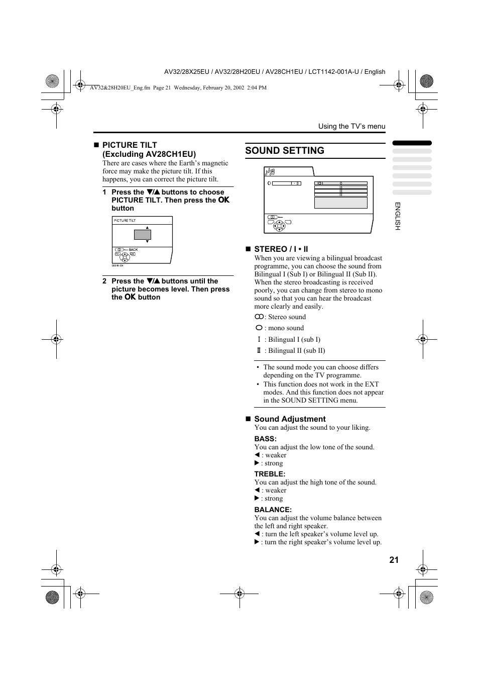Sound setting | JVC AV28CH1EU User Manual | Page 23 / 327