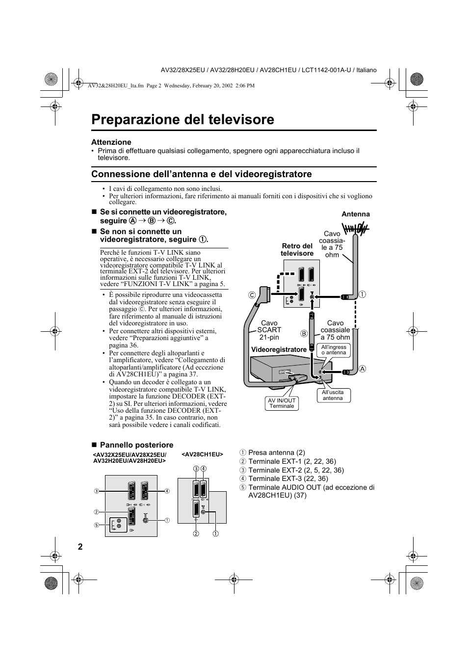 Preparazione del televisore, Connessione dell’antenna e del videoregistratore | JVC AV28CH1EU User Manual | Page 234 / 327