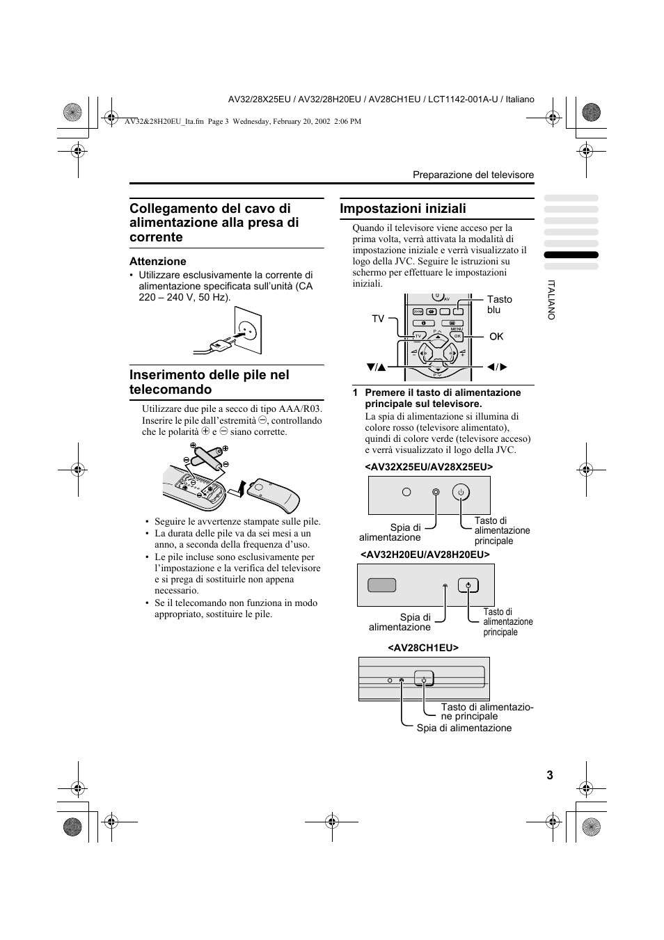 Inserimento delle pile nel telecomando, Impostazioni iniziali | JVC AV28CH1EU User Manual | Page 235 / 327