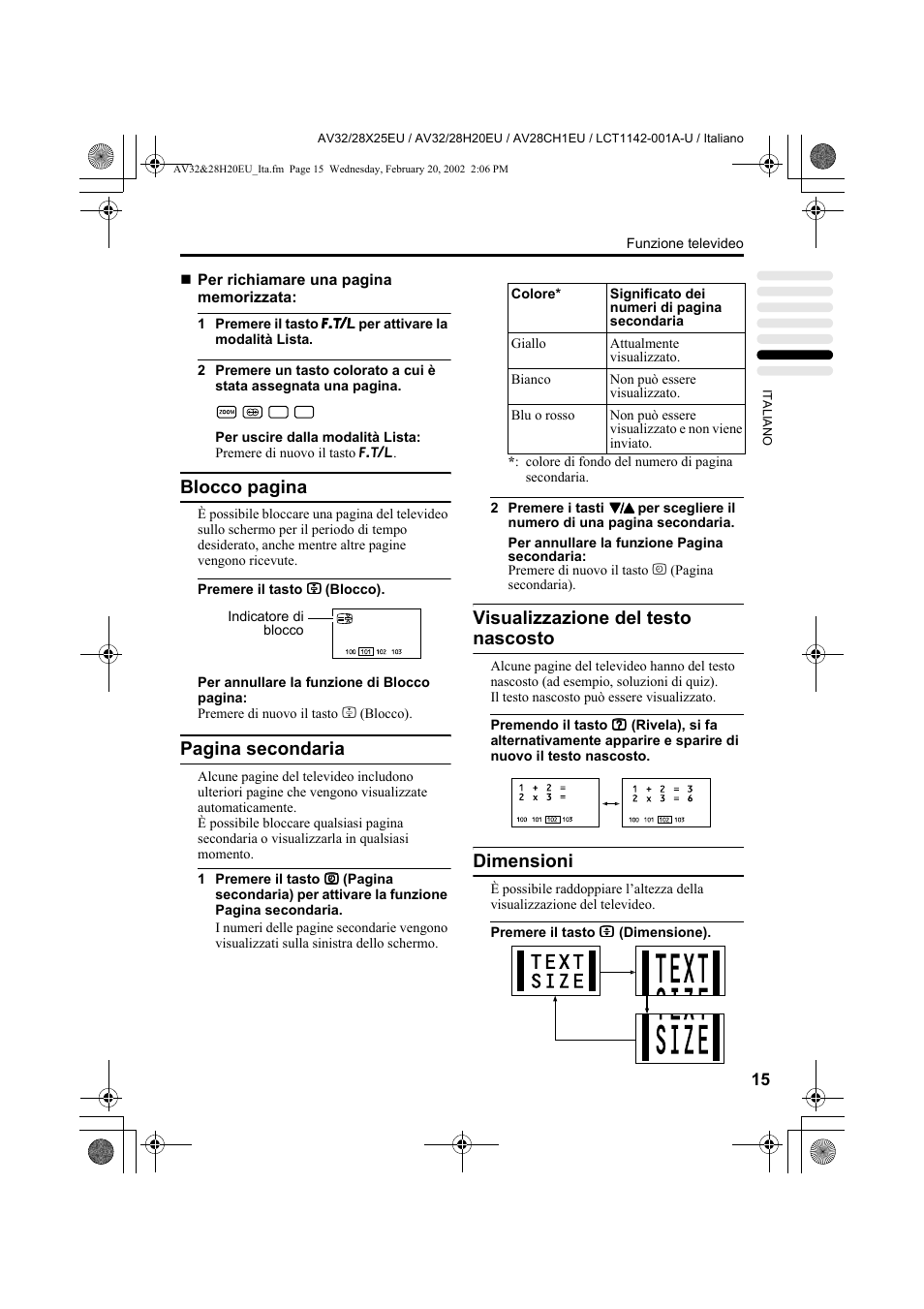 Blocco pagina, Pagina secondaria, Visualizzazione del testo nascosto | Dimensioni | JVC AV28CH1EU User Manual | Page 247 / 327