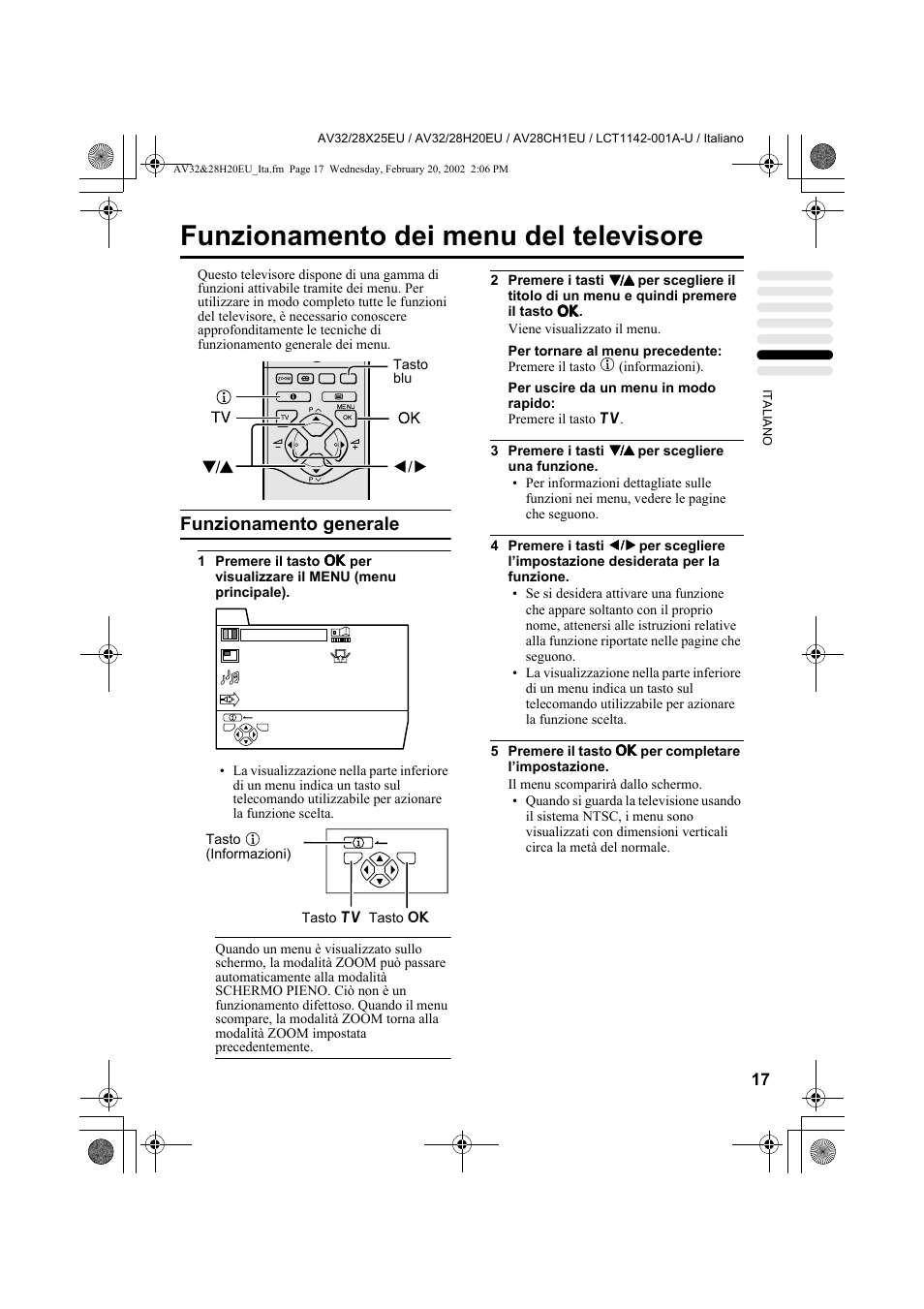 Funzionamento dei menu del televisore, Funzionamento generale | JVC AV28CH1EU User Manual | Page 249 / 327