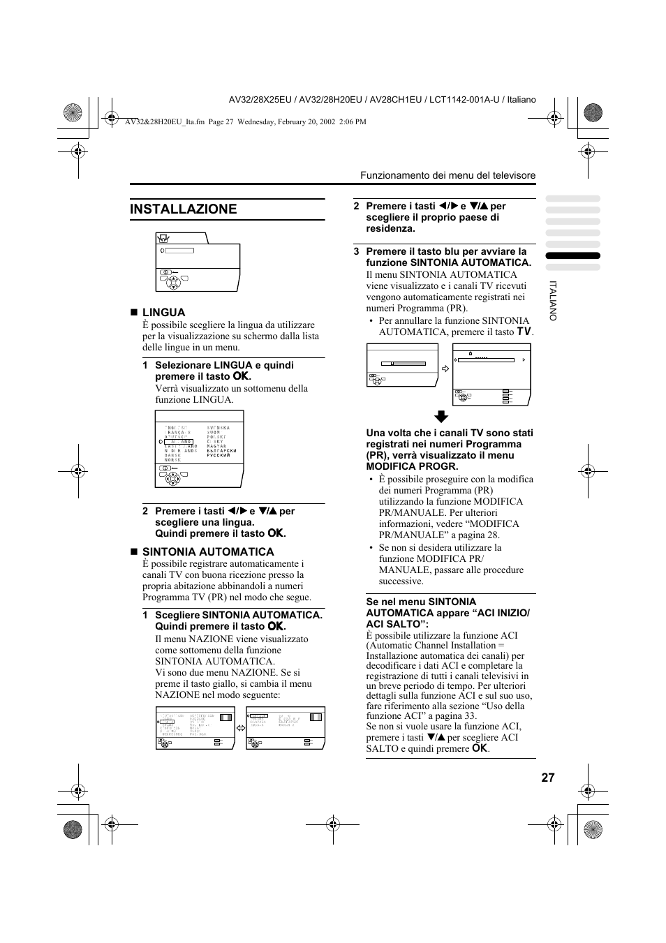 Installazione, Lingua, Sintonia automatica | Funzionamento dei menu del televisore | JVC AV28CH1EU User Manual | Page 259 / 327
