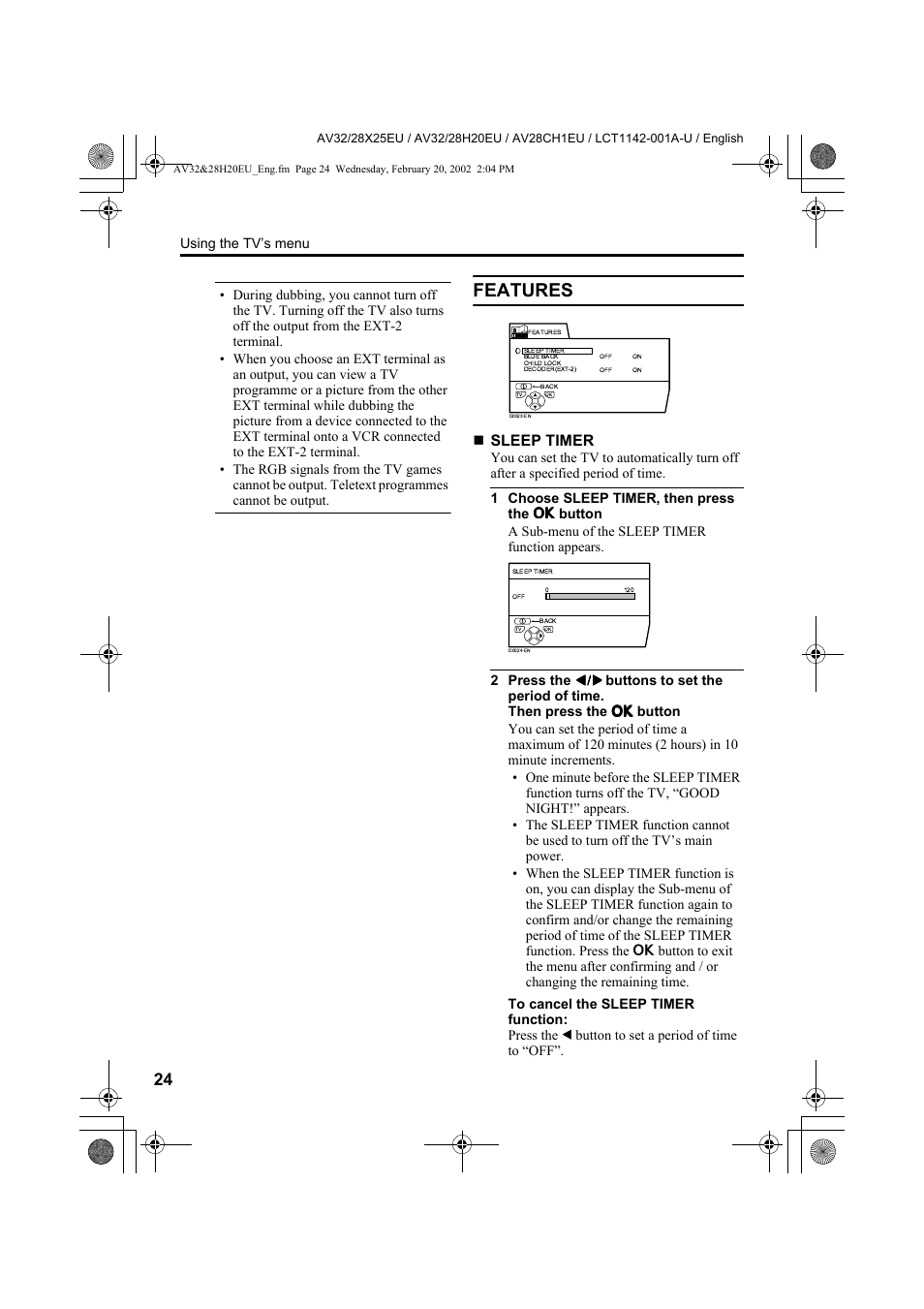 Features, Sleep timer | JVC AV28CH1EU User Manual | Page 26 / 327