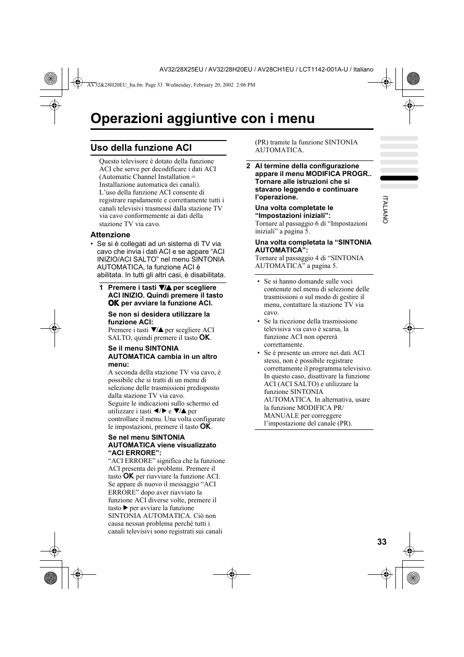Operazioni aggiuntive con i menu, Uso della funzione aci | JVC AV28CH1EU User Manual | Page 265 / 327