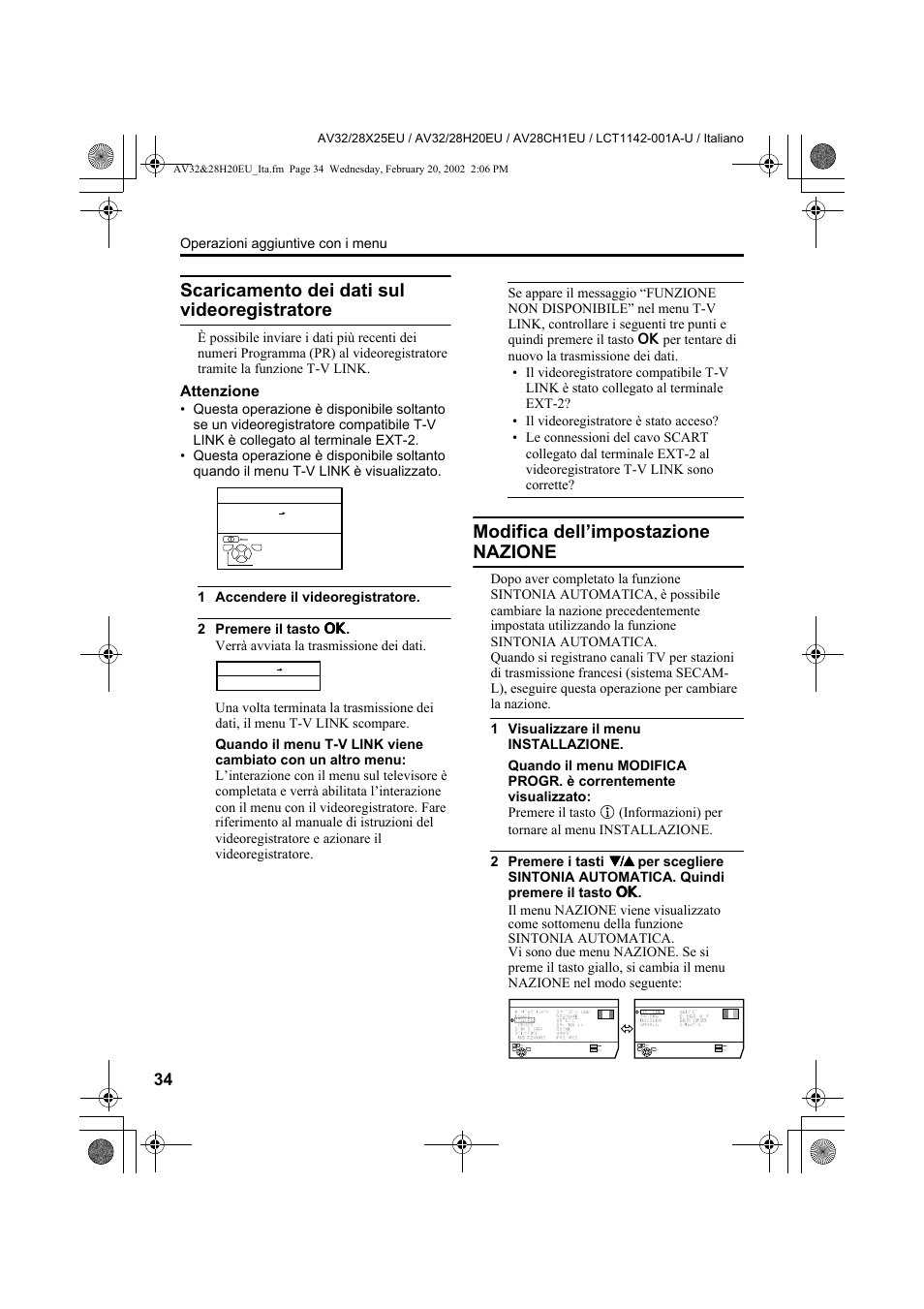 Scaricamento dei dati sul videoregistratore, Modifica dell’impostazione nazione, Attenzione | JVC AV28CH1EU User Manual | Page 266 / 327