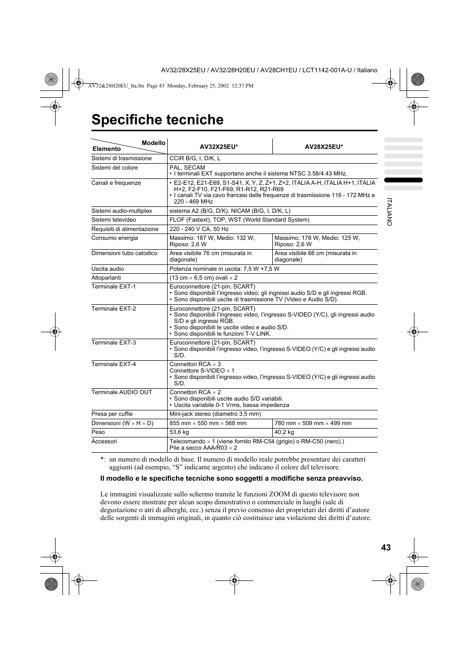 Specifiche tecniche | JVC AV28CH1EU User Manual | Page 275 / 327