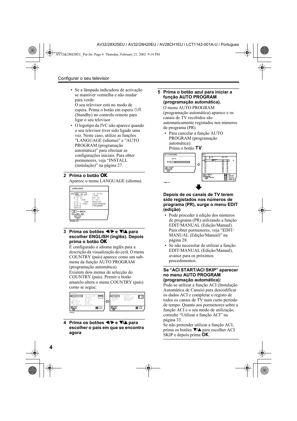 Configurar o seu televisor | JVC AV28CH1EU User Manual | Page 282 / 327