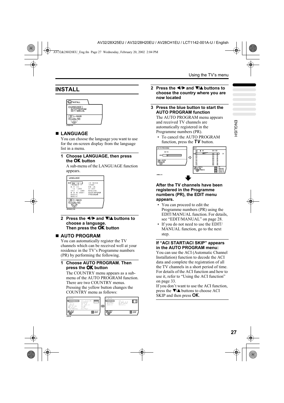 Install, Language, Auto program | Using the tv’s menu | JVC AV28CH1EU User Manual | Page 29 / 327