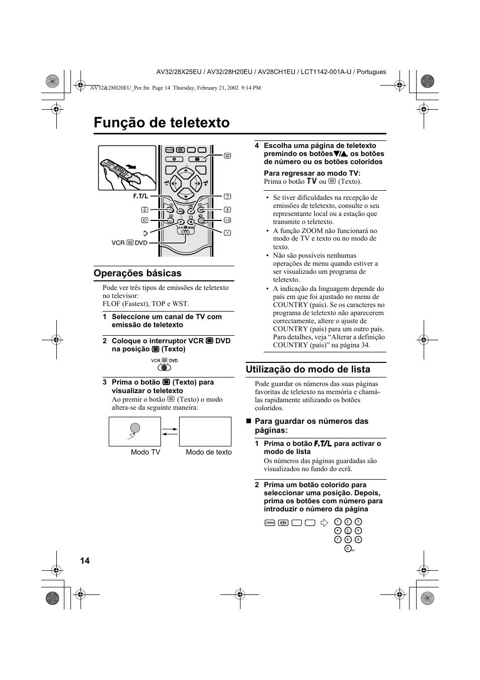 Função de teletexto, Operações básicas, Utilização do modo de lista | JVC AV28CH1EU User Manual | Page 292 / 327