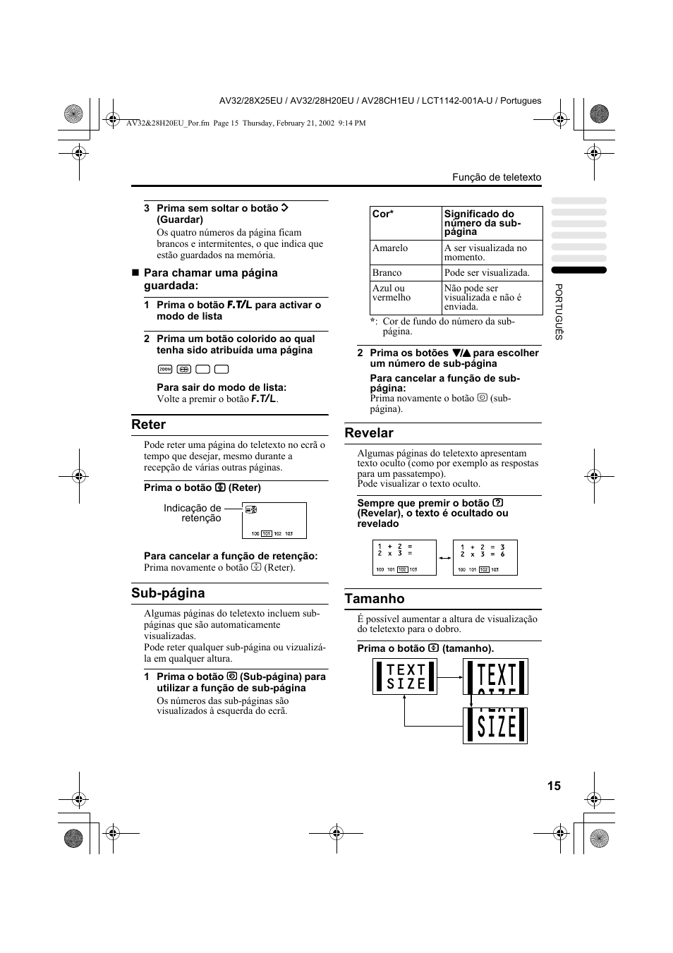 Reter, Sub-página, Revelar | Tamanho | JVC AV28CH1EU User Manual | Page 293 / 327