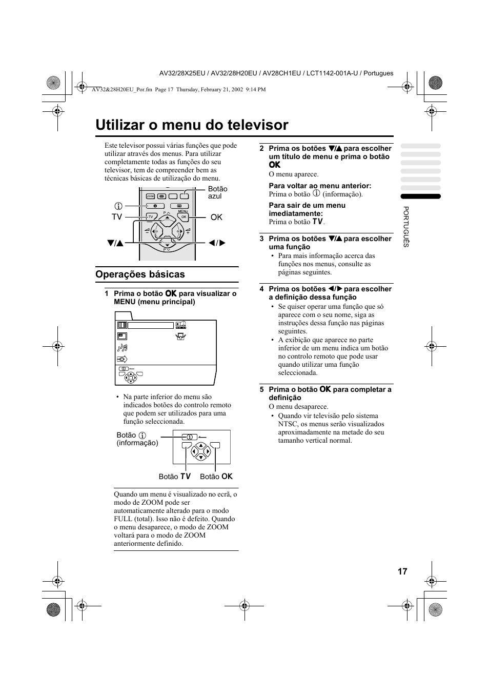 Utilizar o menu do televisor, Operações básicas | JVC AV28CH1EU User Manual | Page 295 / 327