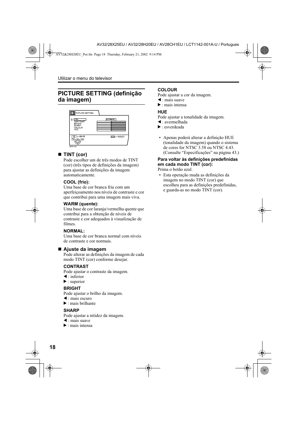 Picture setting (definição da imagem) | JVC AV28CH1EU User Manual | Page 296 / 327
