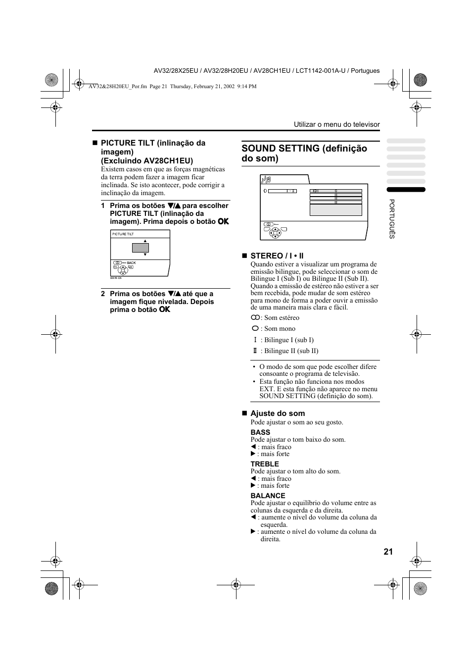 Sound setting (definição do som) | JVC AV28CH1EU User Manual | Page 299 / 327
